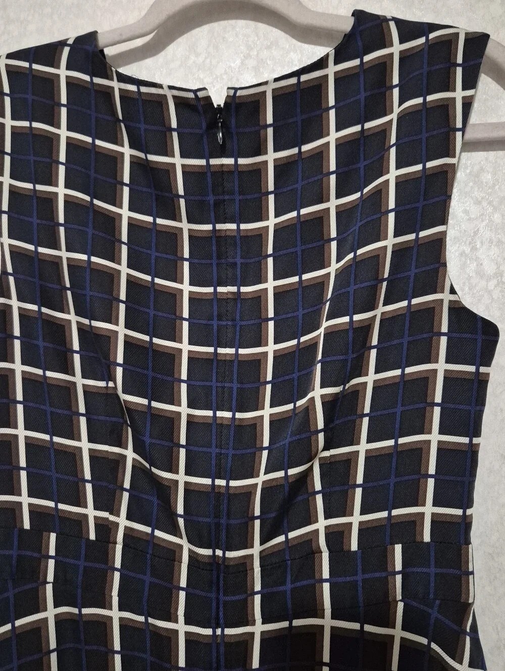 J. Crew Navy and White Windowpane Sleeveless Midi Dress...Size:4 100% Silk